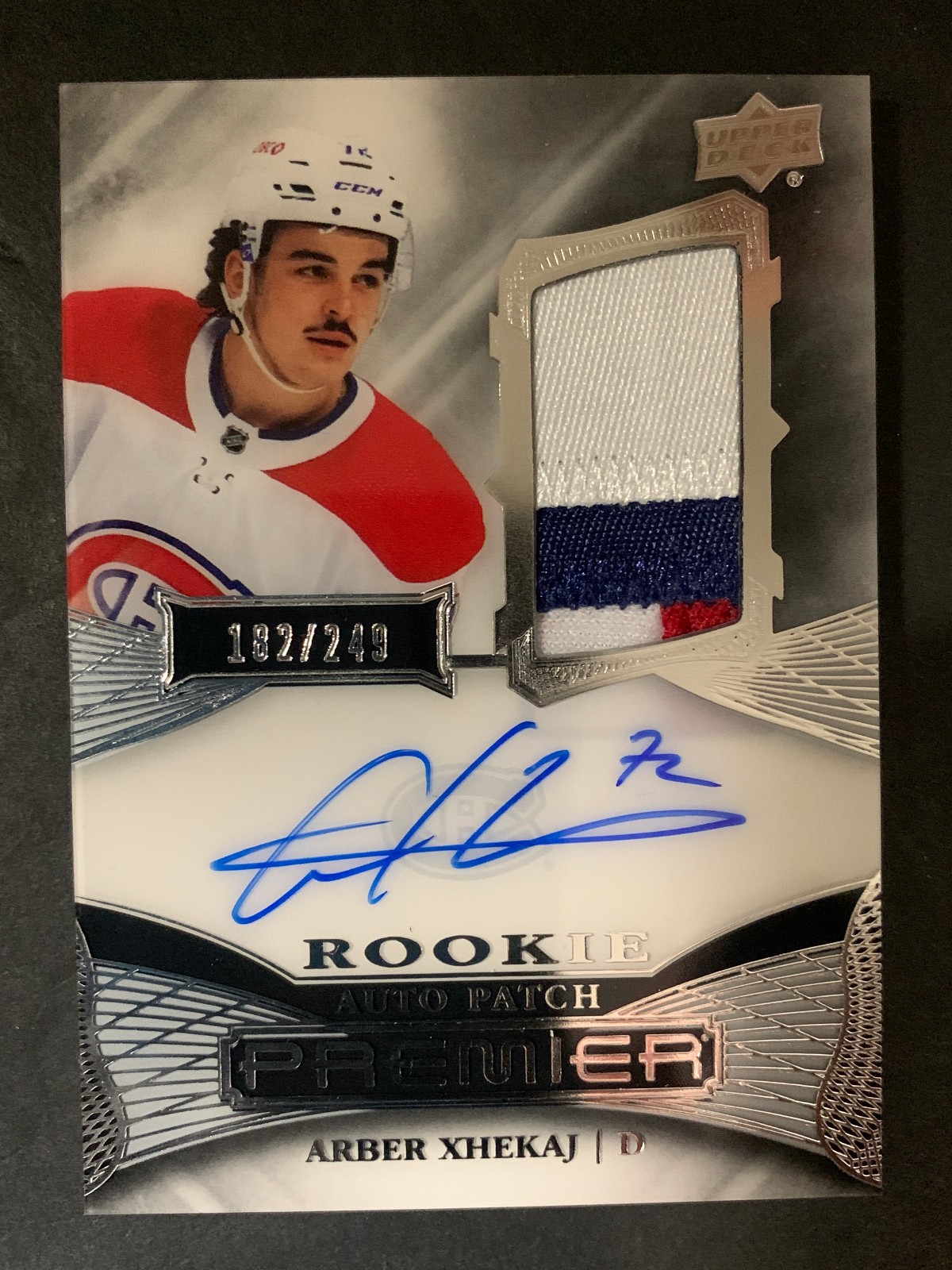 2022 Upper Deck Premier Rookie Auto Patch Arber Xhekaj /249 RC Jersey Autograph