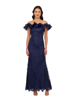 ADRIANNA PAPELL Womens Navy Lined Short Sleeve Full-Length Mermaid Dress 16