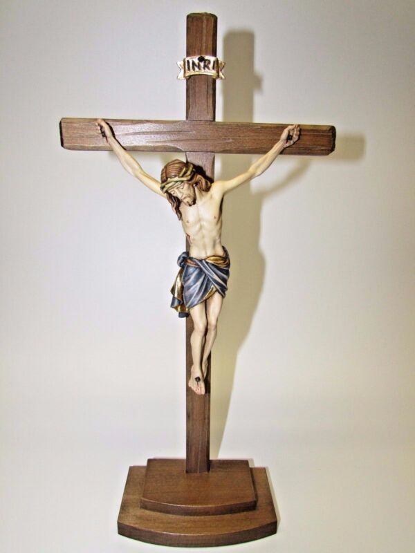 13" Wooden Crucifix On Stand - Hand Carved And Painted - All Wood Construction