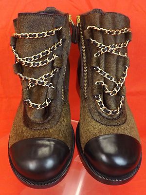 Pre-owned Chanel Brown Gold Charms Chain Black Cap Toe Pony Hair Ankle Boots 39 $2k In Brown/black/gold