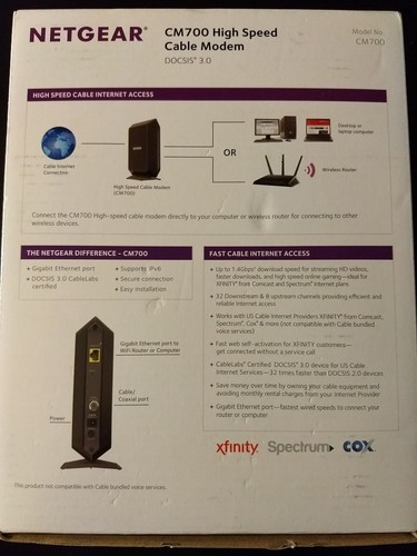 New NETGEAR CM700 (up to 1.4 Gbps) High Speed Cable Modem 32X8 channel bonding