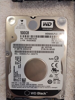 WESTERN DIGITAL Black 500GB 2.5'' 7200RPM SATA HD LAPTOP PC WD5000LPLX(tested)