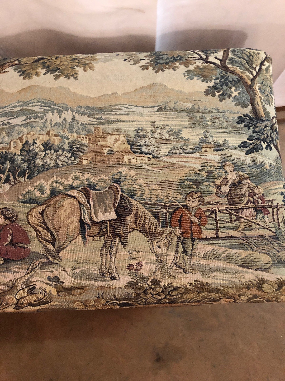 Antique French Hand Carved Bench With Antique Tapestry
