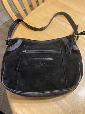 Stone Mountain Black Suede Handbag Outside Pockets Adjustable Leather Strap