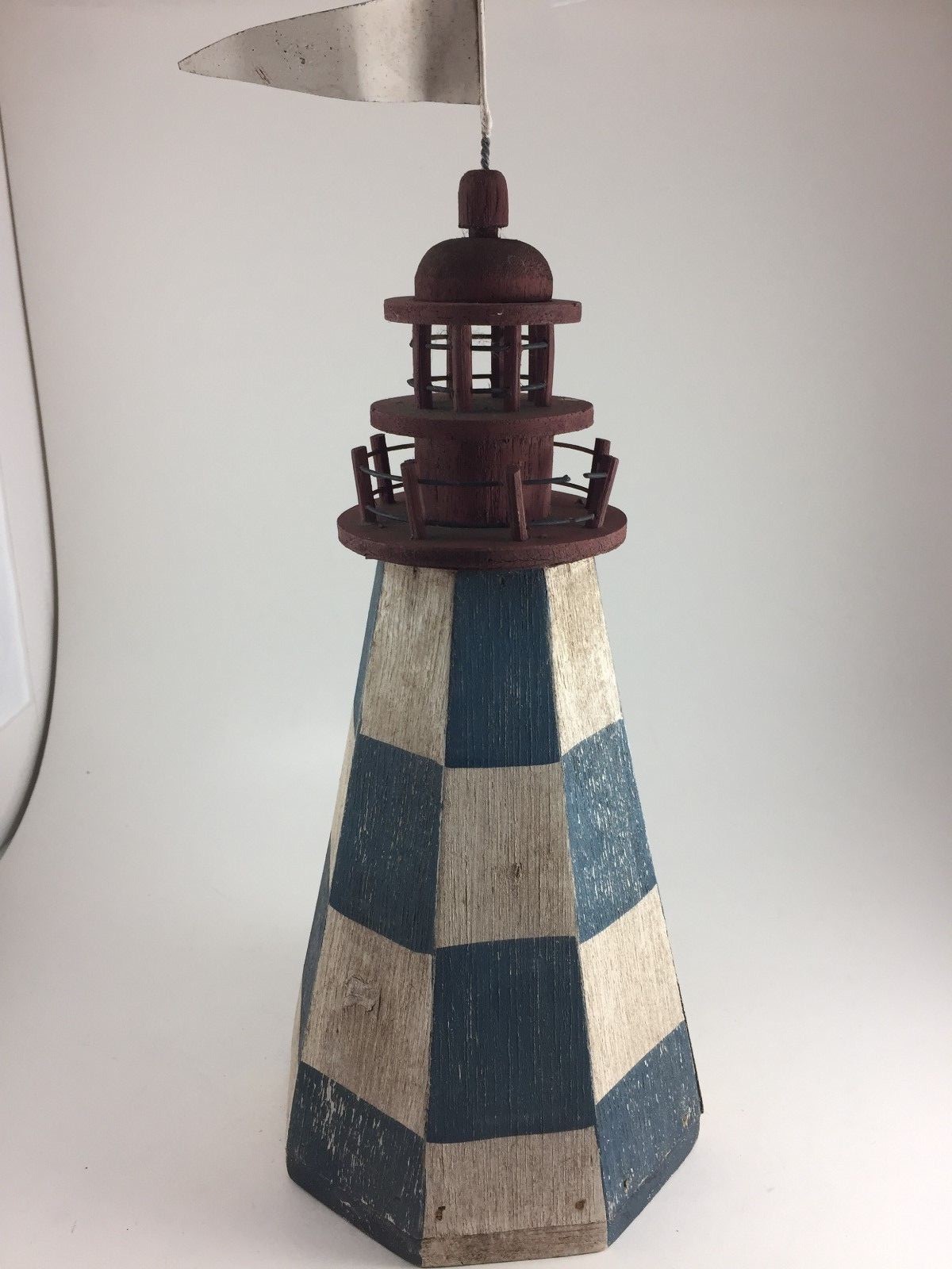 WOODEN LIGHTHOUSE BIRDHOUSE WITH PENNANT ON TOP THAT SAYS 'AHOY' BLUE AND WHITE