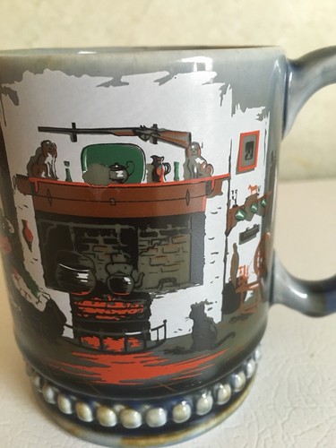 Vintage Irish Porcelain Fireplace Living Room Scene Blue-Green Coffee Mug