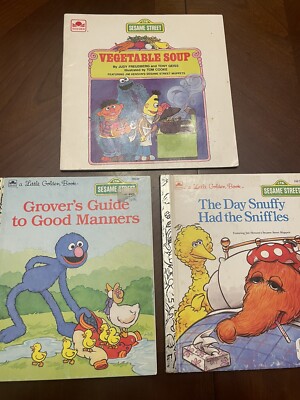 Golden Book Sesame Street Lot 3 SNUFFY THE SNIFFLES B, Grover Guide, Veg Soup
