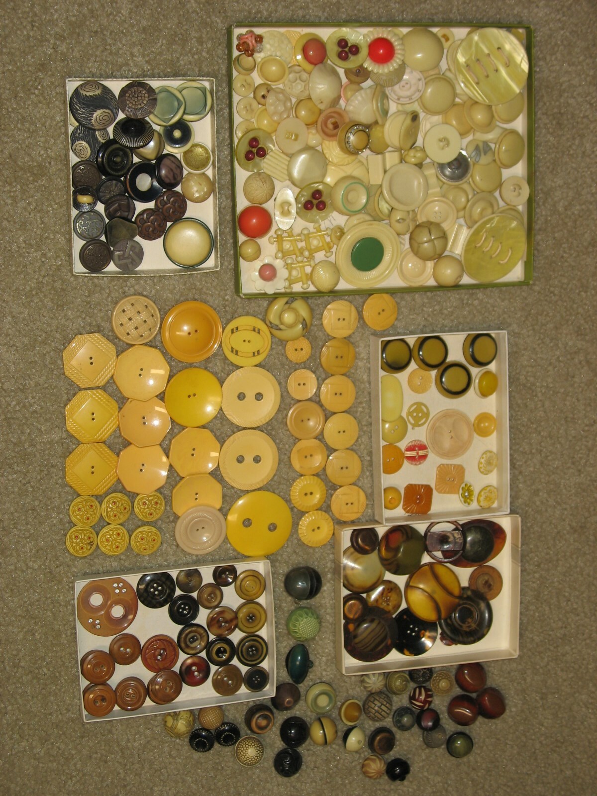 Large box of vintage assorted celluloid buttons from Grandmothers' collection.