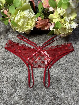 Victoria s Secret Dream Angels Red Heart Embroidery Brazilian Crotchless Panties