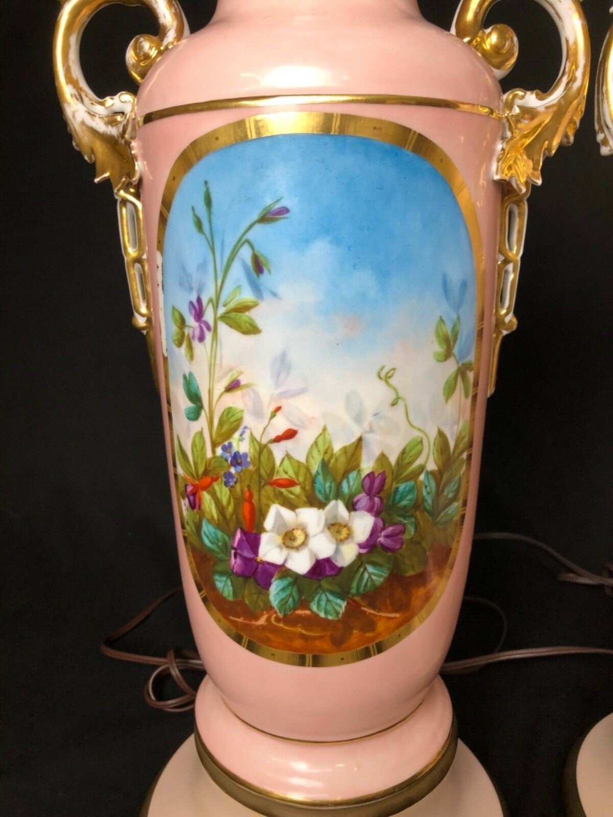 Set Of 2 Antique 24” Old Paris Lamps Pink Floral **Newly Rewired & New 3 Way***