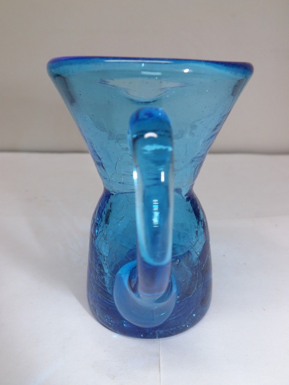 HAND BLOWN BLUE CRACKLE GLASS MINIATURE CRUET PITCHER