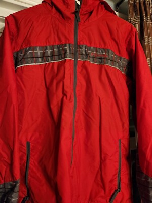 Columbia Boys Size 18/20 Red Rain Coat With Grey Plaid Bar Decoration + Hood