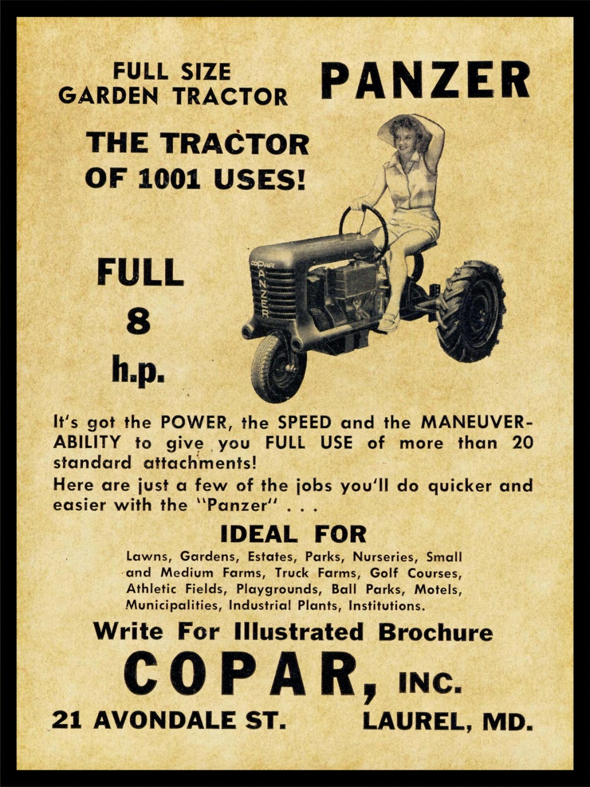 1956 Panzer Garden Tractors NEW Metal Sign: COPAR Inc
