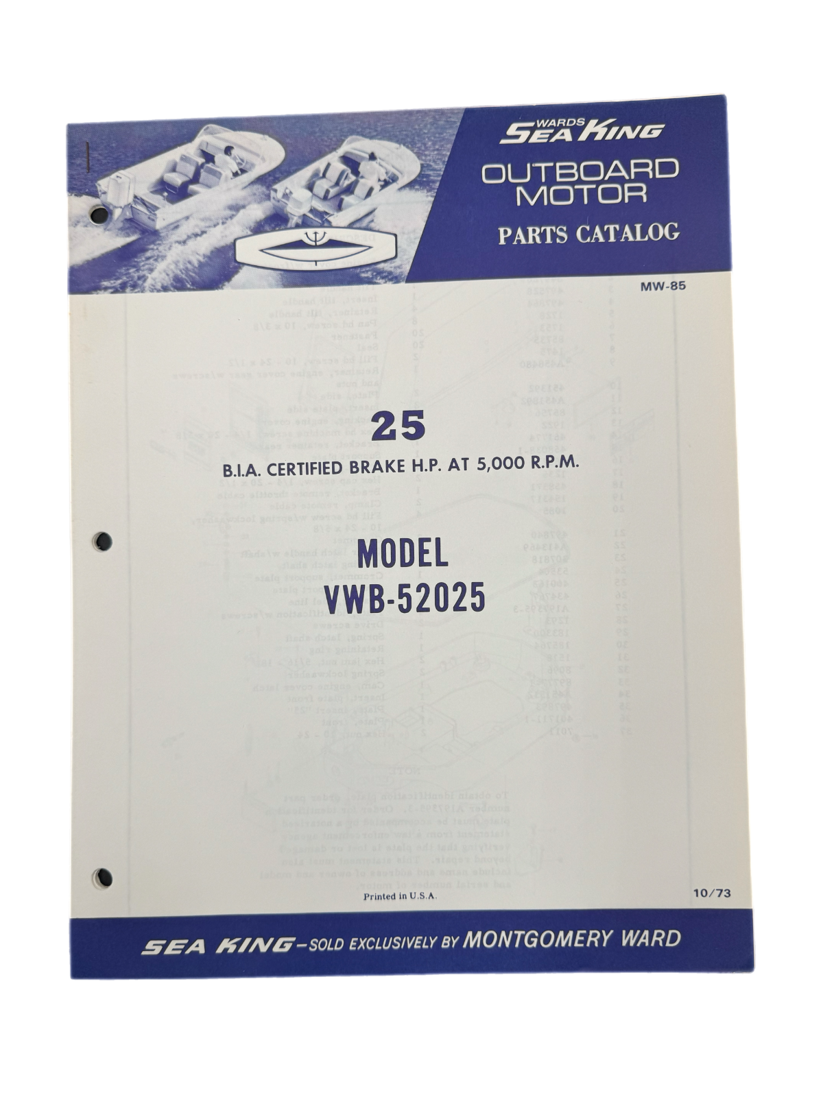10/73 Wards Sea King 25 HP Model VWB-52025  Parts Catalog MW 85