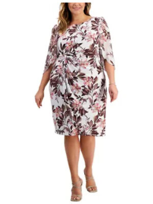 CONNECTED APPAREL Womens Ivory Lined Gathered Floral Flutter Sleeve Round Neck
