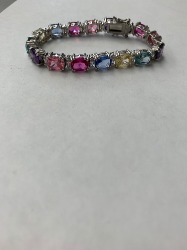 Sterling Silver Multi Colored Gemstone Tennis  Bracelet 7