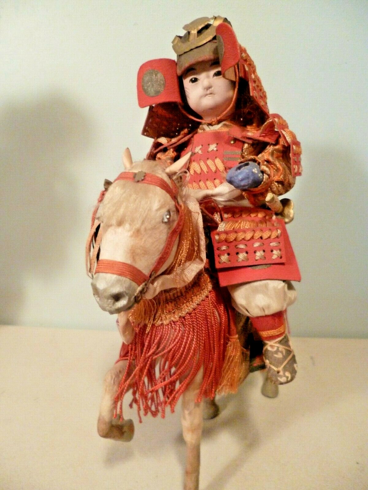 ANTIQUE JAPANESE BOY WARRIOR MOUNTED ON HORSE BOTH HAVE GLASS EYES