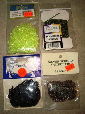 Kreinik Micro Ice Chenille Black*Rumpf Chartreuse*Wapsi Peacock Sparkle Braid*