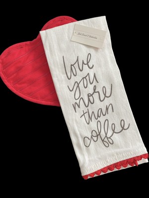 Kitchen Towel & Pot Holder LOVE YOU MORE THSN COFFEE .. Humorous Red