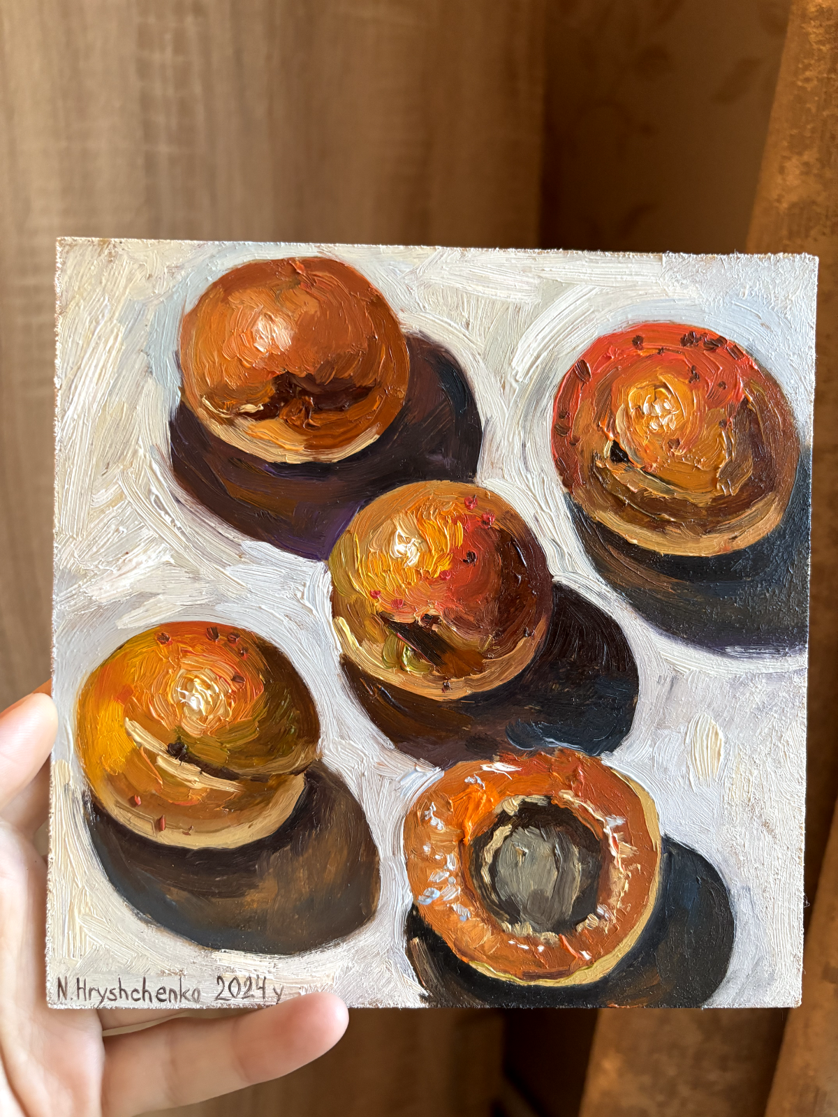 Original Oil Impasto Painting Fruit Apricot still life Art Food 6X6 in