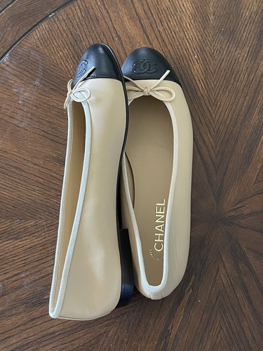 Pre-owned Chanel Beige Lambskin Cap Toe Ballerina Flats Choose Your Size In Black / Beige