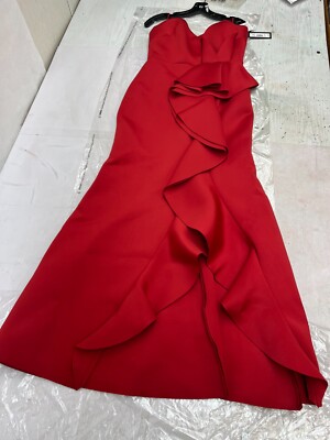 New Badgley Mischka Strapless Side Ruffle Draped Gown Size 6 Bright Siam AM26