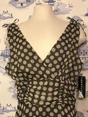 Vtg 30's Style Dress Womans Connected Apparel GREEN W/WHITE Polka Dot Chiffon 14