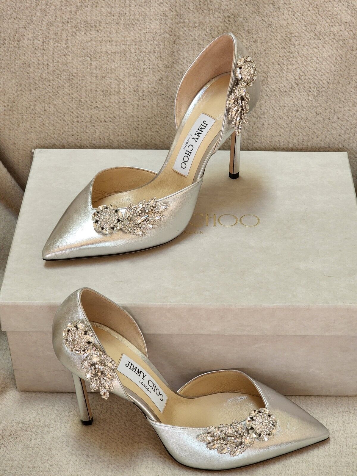 New NWB Jimmy Choo Teja 100mm Silver Leather Crystal 37.5 New NWB Jimmy Choo Teja 100mm Silver Leather Crystal 37.5