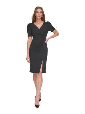 Женское черное платье-футляр DKNY длиной до колена с коротким рукавом для работы 6