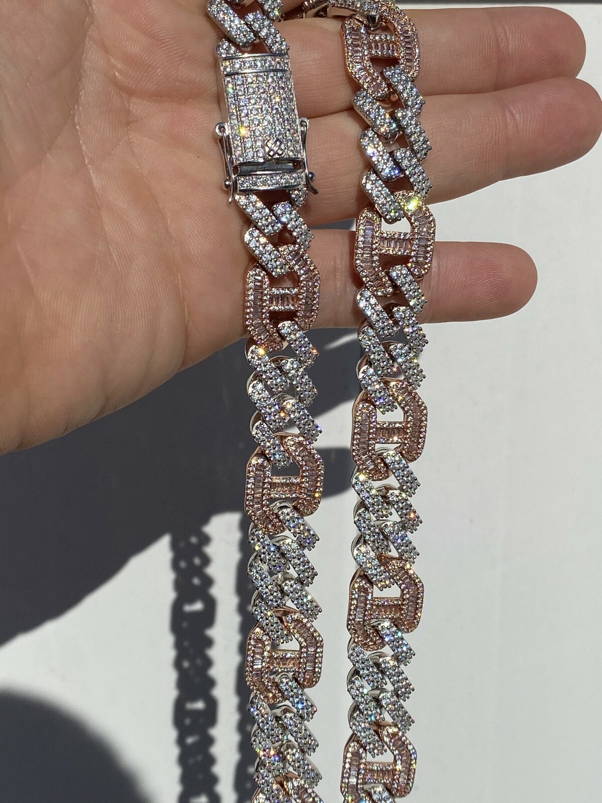 Pre-owned Silver Solid 925  Cz Rose Gold Plated Mens Figarucci Gucci Link Prong Cuban Chain In  & 14k Rose Gold