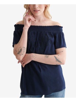 

LUCKY BRAND Женский темно-синий прозрачный топ с открытыми плечами и короткими рукавами с оборками, Navy