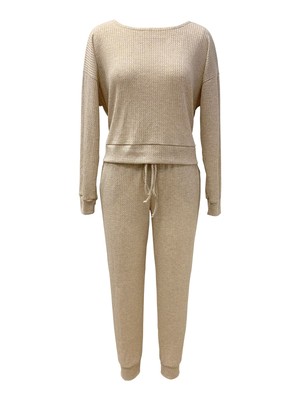 

JENNI Sets Бежевая однотонная футболка с круглым вырезом с длинными рукавами и манжетами, повседневный размер, Бежевый