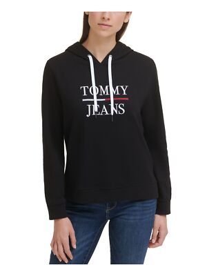 TOMMY JEANS Женский черный топ с капюшоном и длинными рукавами в рубчик с вышивкой и кулиской M