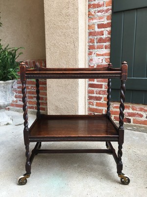Antique English Oak BARLEY TWIST Tea Trolley Serving Cart Table Dumbwaiter