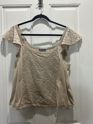 Democracy Tank Top Womens Size L Tan Ruffle Eyelit NWT