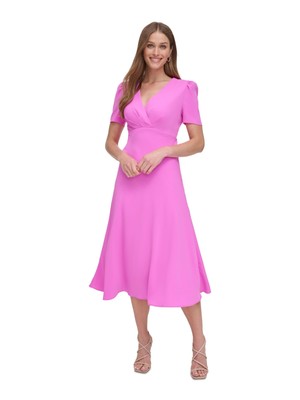DKNY Womens Pink Lined Pouf Sleeve Midi Party Empire Waist Dress 6