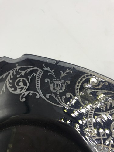 7” Black Handled Plates Set of 2 Sterling Silver Embossed Round Glass Vintage