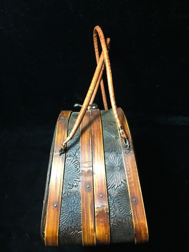 Vintage Wooden Handbag Metal Clasp Embossed Leather Exterior Wood Interior