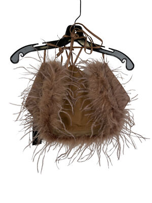 Pre-owned Lamarque Aissa Feather Trimmed Leather Halter Top Women's Size L Brown