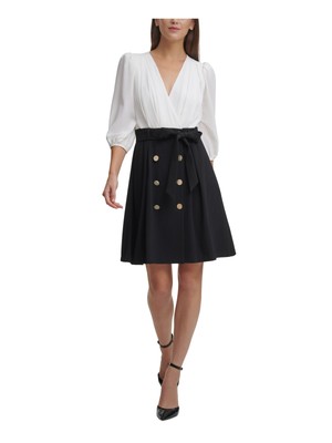 

DKNY Женское черное платье длиной до колена с пышными рукавами и поясом + расклешенное платье, Черный