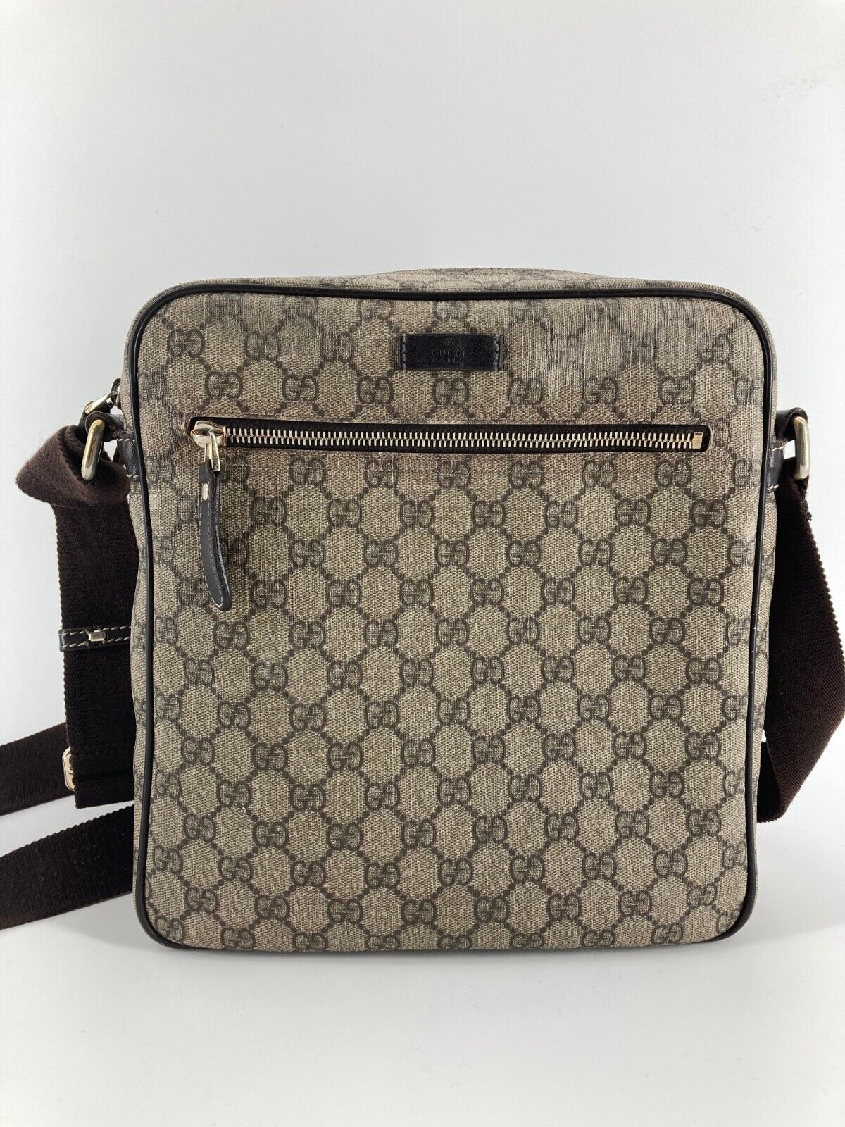 Authentic GUCCI Large GG Brown/Beige Flat Messenger Bag Authentic GUCCI Large GG Brown/Beige Flat Messenger Bag