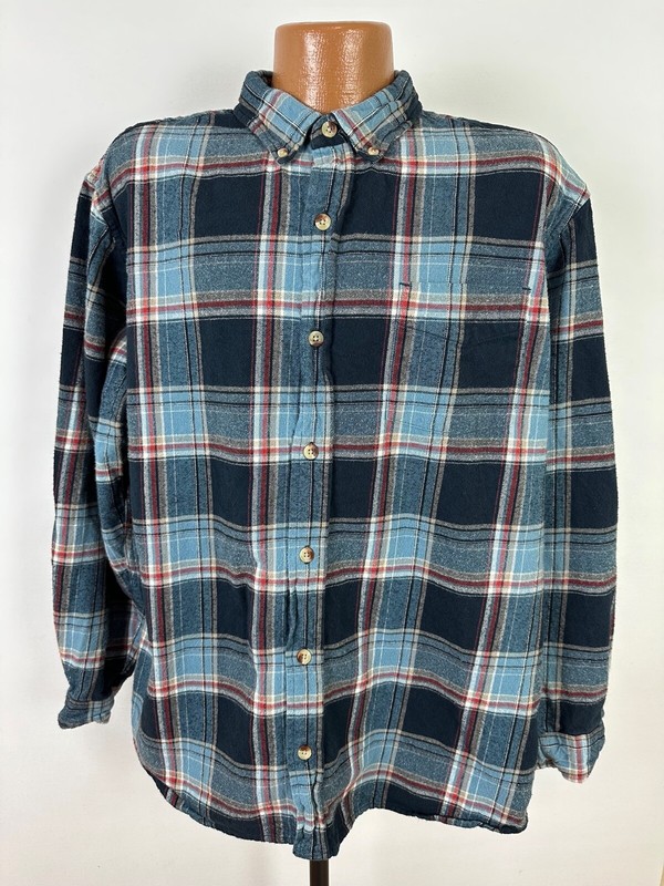Red Head Flannel Shirt Men XL Blue Plaid Outdoor Lumberjack Hipster Heavy Cotton