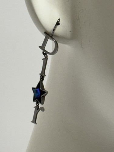Vtg CHRISTIAN DIOR BY JOHN GALLIANO SILVER LOGO BLUE CRYSTAL STAR EARRINGS