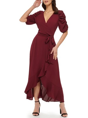 

KENSIE DRESSES Женское бордовое платье с завязками на поясе и рукавами до локтя, искусственное платье с запахом, Burgundy