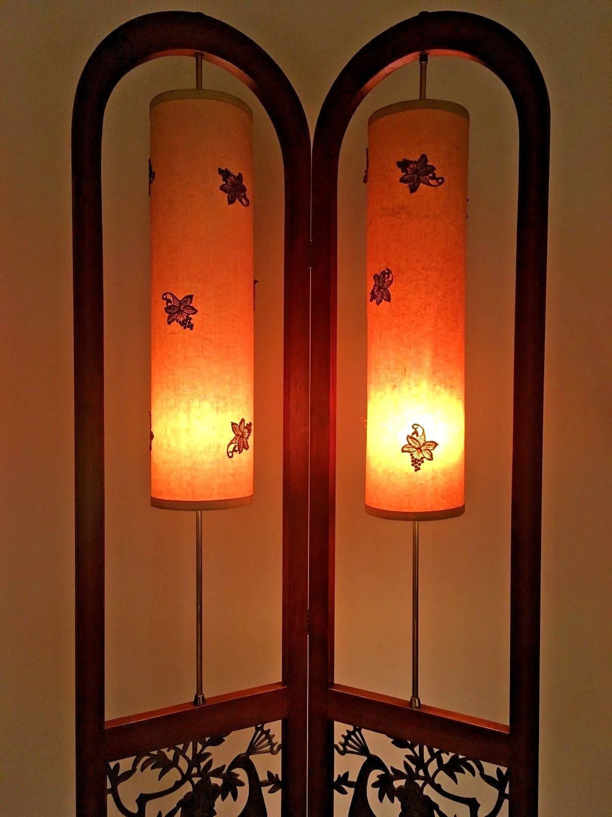 MAJESTIC Vtg 60s Mid Century DANISH Mod TEAK Room Divider LAMP w/Peacock PANELS