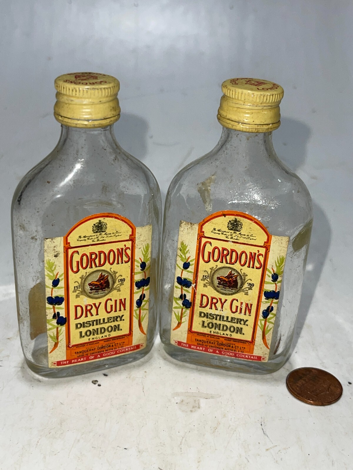 2) Gordon's Distilled Dry London Gin Miniature 1.7 oz EMPTY Glass