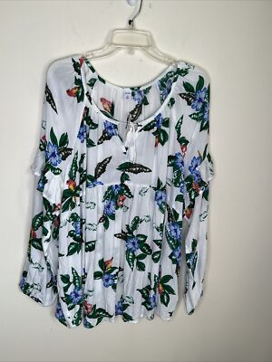 Old Navy Women's XXL Tassel Tie White Floral Long Sleeve Peasant Top NEW