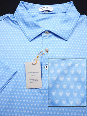 NEW! PETER MILLAR GOLF POLO SHIRT -L- BLUE WHITE SKULL DOT -SUMMER COMFORT POLY