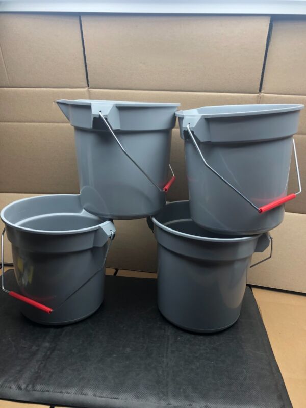 4PACK Rubbermaid Commercial FG296300 GRAY Brute HDPE Heavy-Duty Bucket 10-quart
