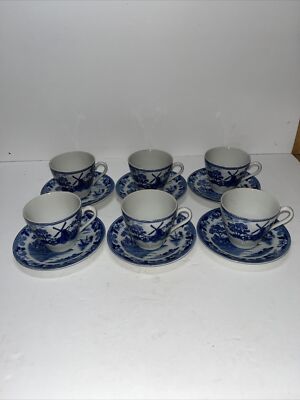 6 count set of Antique Porcelain Cup and 5  Saucer Old Delft Windmill Design
